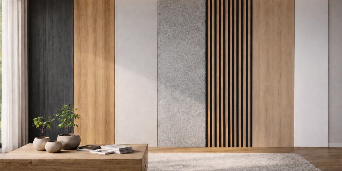 A living room wall in several panel finishes: concrete, oak, slats and white