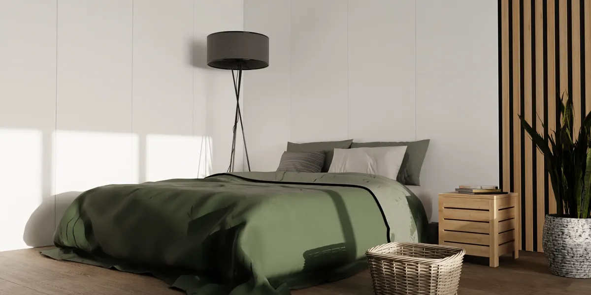 A bedroom with white wall panels and oak slats in the corner