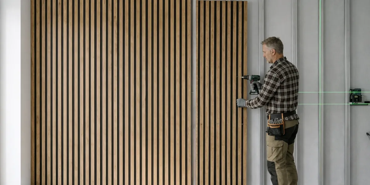 Fitting wall slats: screwing a panel to the wall against a laser level
