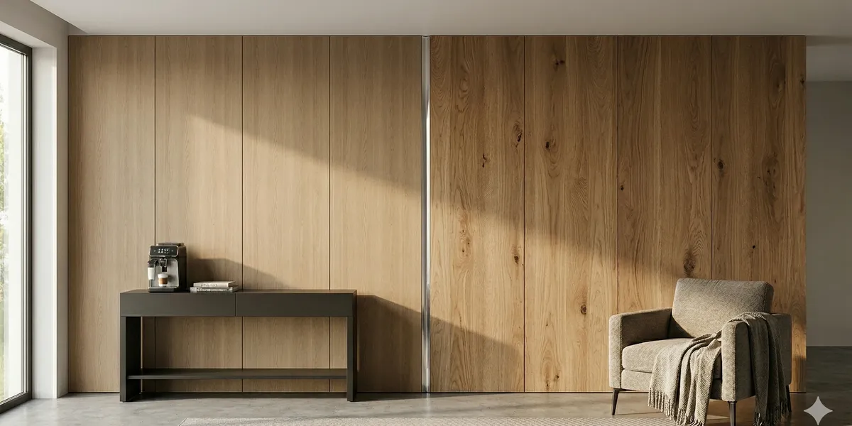 A wall in wood-effect panels and natural oak veneer, with a console table and an armchair