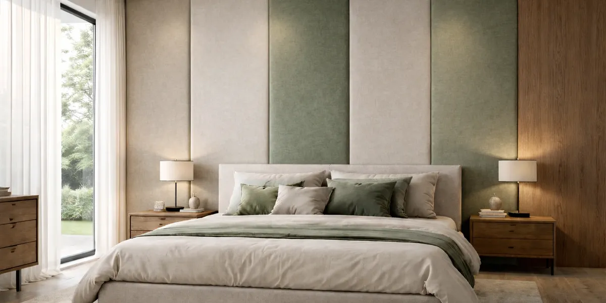 A bedroom with a wall of upholstered panels in beige and sage green