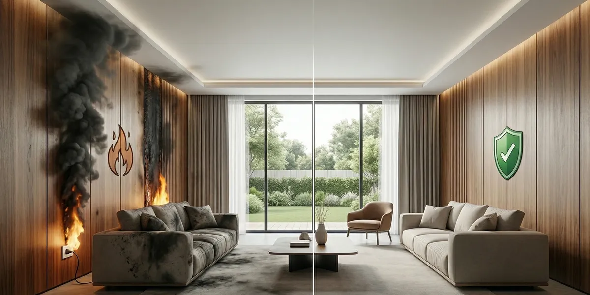 A living room in two versions: a wall in flames and the same wall in fire-retardant panels