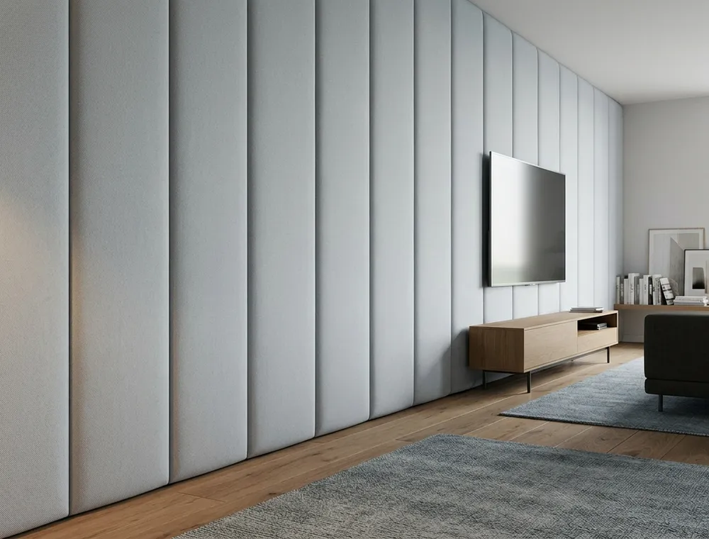 Eine TV-Wand im Wohnzimmer aus hellen gepolsterten Akustikpaneelen
