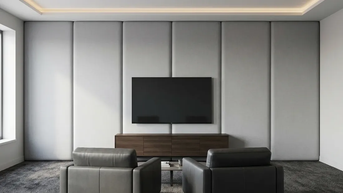 STRAMA Akustikpaneele · Heimkino mit Stoff Light Grey Textile V (Visualisierung)