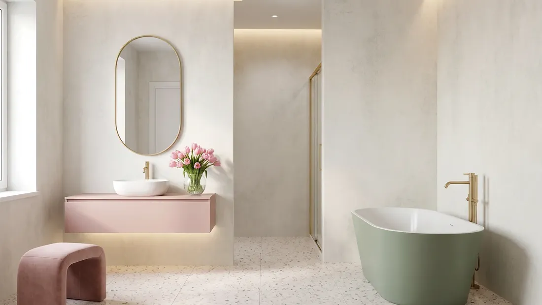 Pastel bathroom: a pink vanity, a gold-framed mirror and a sage bath on terrazzo, walls in panels in the Concrete Beige C finish