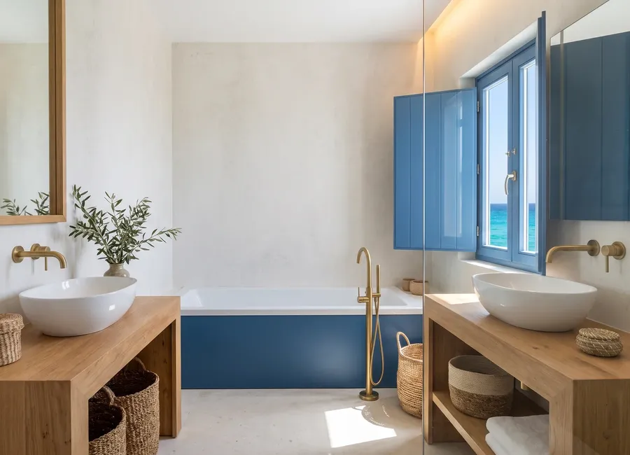 Greek-island style bathroom: a bath with a blue front, wooden tops with countertop basins and blue shutters, walls in panels in the Concrete Beige C finish