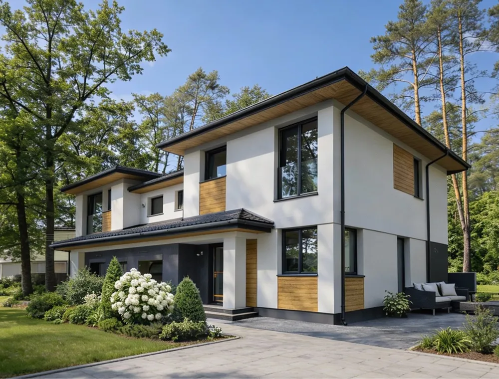 Einfamilienhaus am Waldrand: weißer Putz und Aluminium-Fassadenpaneele im Holzdekor rund um die Fenster