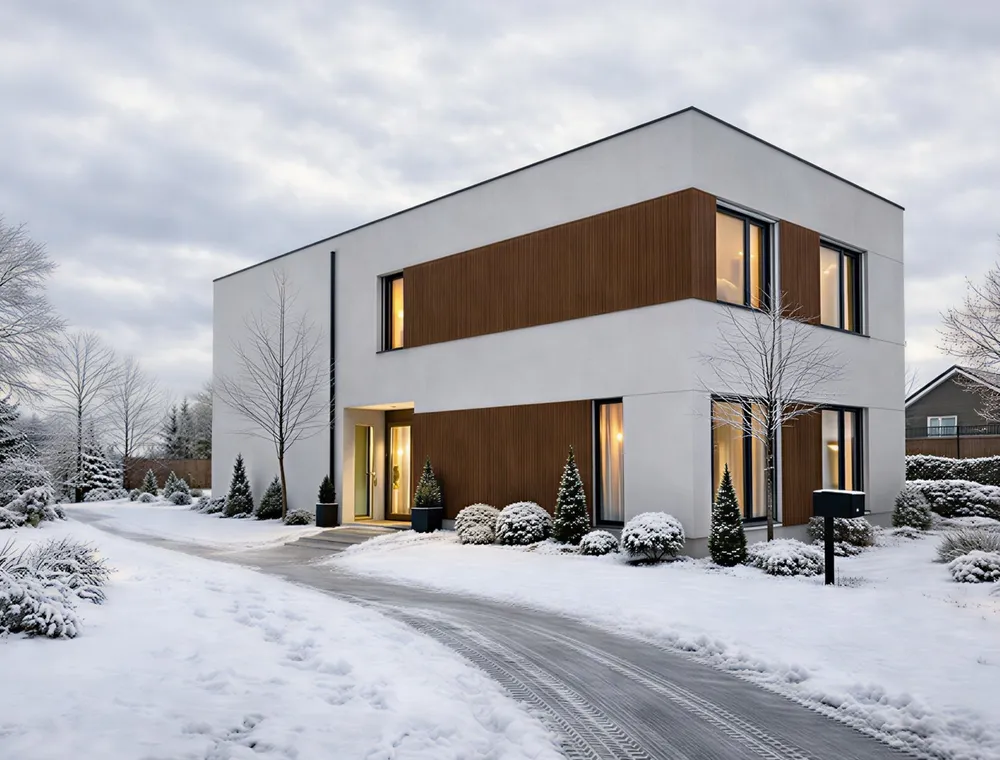 Ein modernes Haus im Winter: eine Fassade aus Aluminiumpaneelen im Holzdekor vor verschneitem Garten