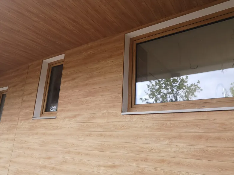 Aluminiumfassade im Holzdekor, mit Fenstern