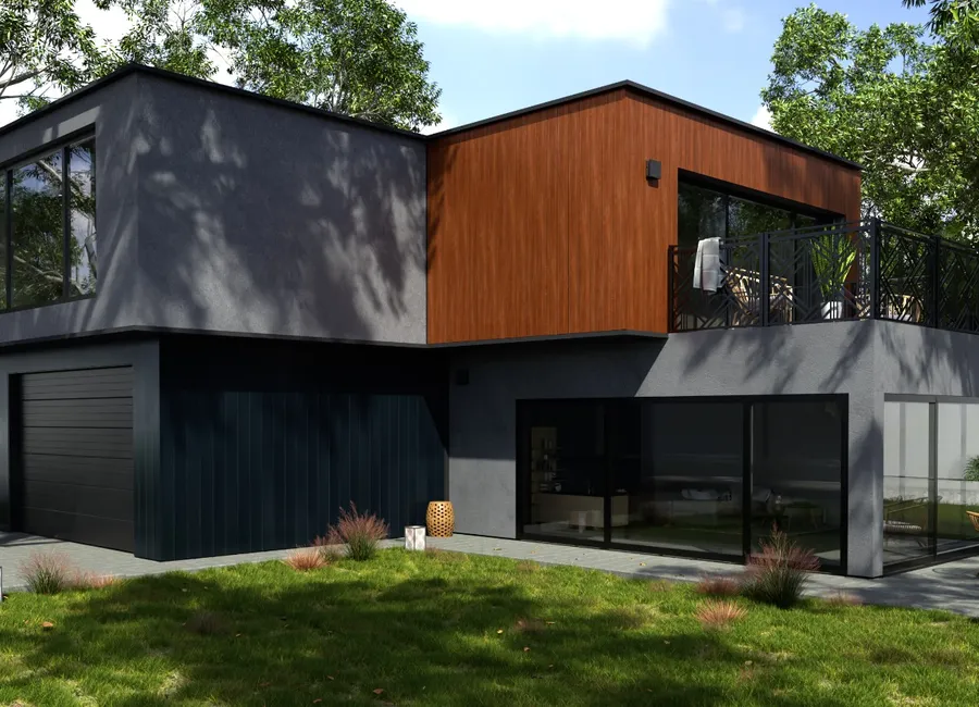 Modernes Haus mit Aluminiumfassade im Holzdekor und graphitfarbenen Kassetten