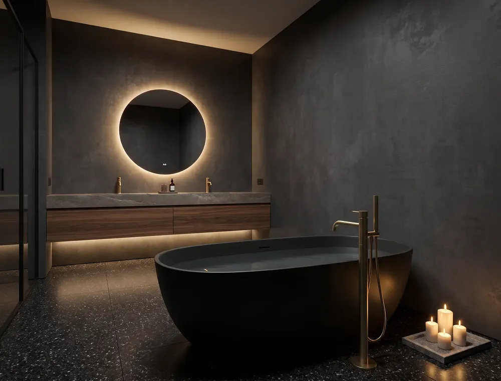 A dark, luxurious bathroom: a black freestanding bath, a walnut vanity with lighting and a round backlit mirror, walls in panels in the Graphite C finish