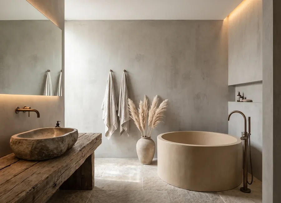 Wabi-sabi style bathroom: a stone basin on a raw plank, a round bath with a bronze tap and pampas grass, walls in panels in the Grey Concrete C finish