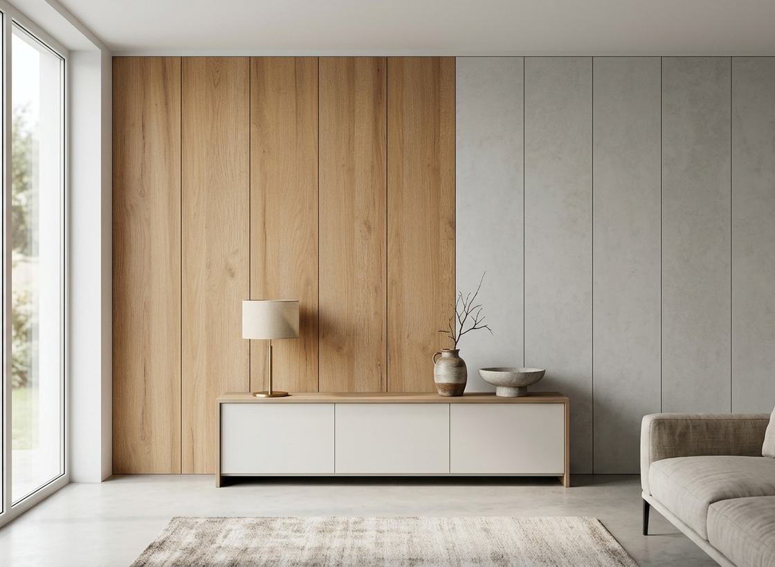 Wohnzimmer mit zwei Dekoren Klassischer Paneele auf einer Wand: Eiche und heller Beton