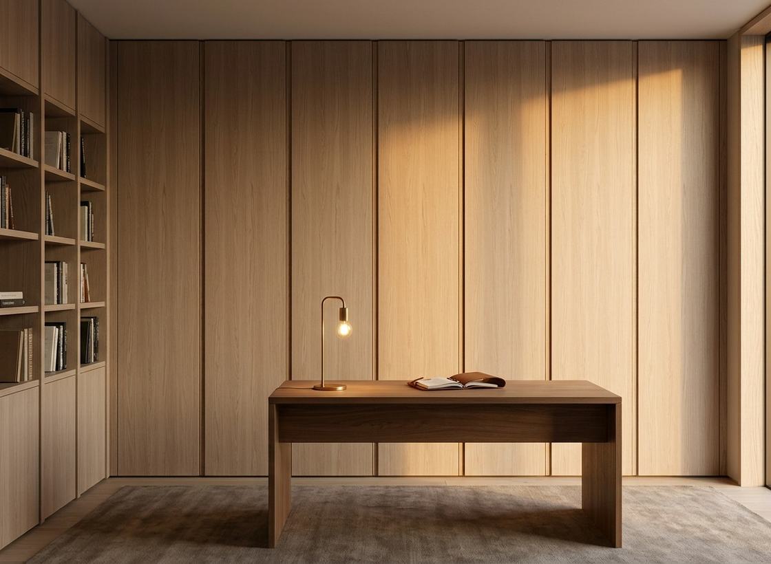 Ein Arbeitszimmer mit einer Wand aus furniertem Sperrholz, Bücherregal und Holzschreibtisch