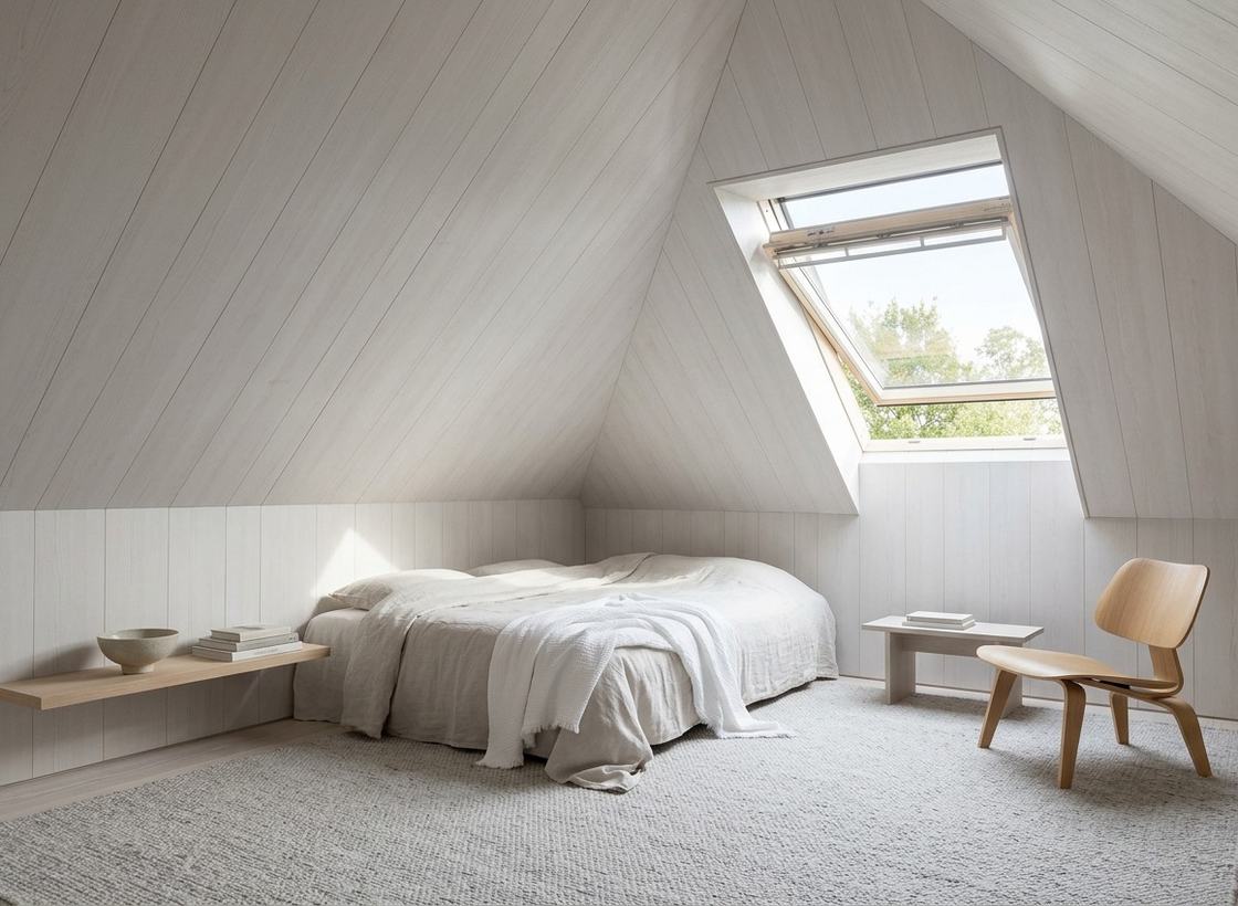 Schlafzimmer im Dachgeschoss mit Schrägen in hellen ultraleichten Paneelen