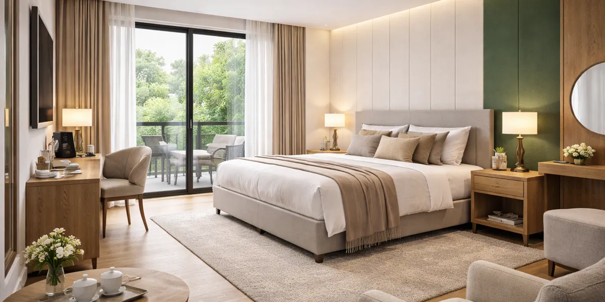 A hotel room with pale wall panels and a green accent behind the bed