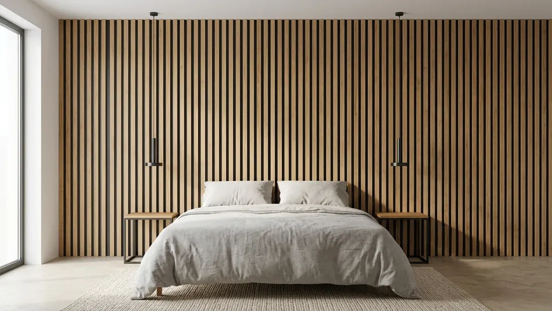 STRAMA Wandlamellen · Schlafzimmer, Lamela Grandson / Black Ash (Visualisierung)