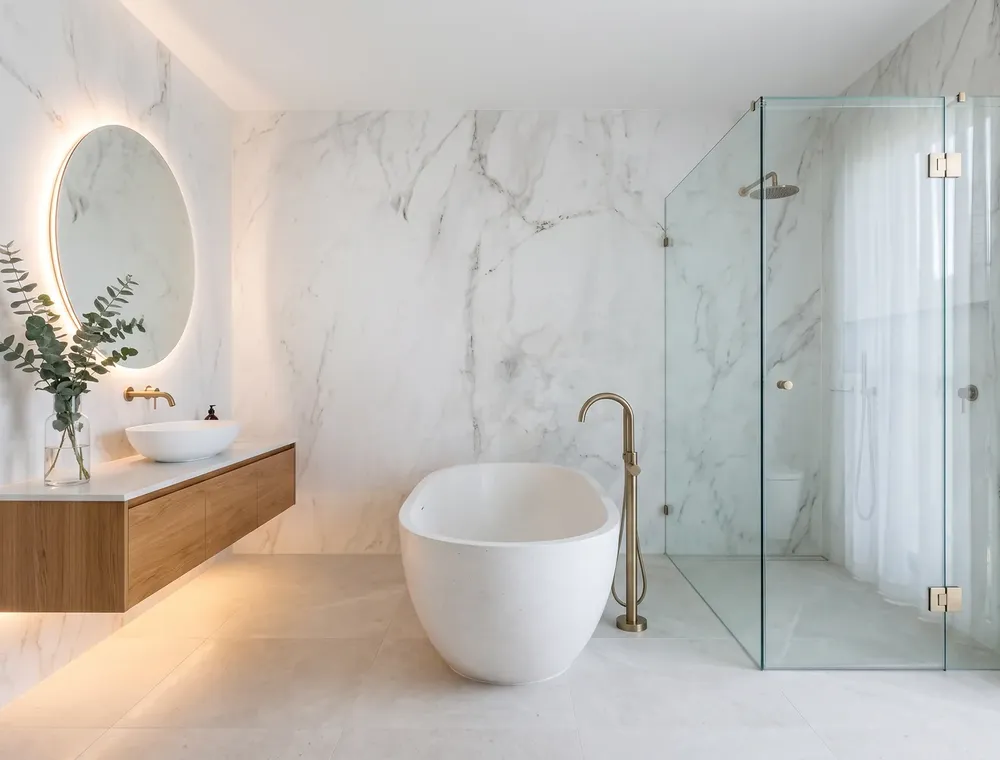 Hotel-spa style bathroom: an oval stone bath, a freestanding brass tap and an oak vanity with a countertop basin, walls in panels in the Marble C finish