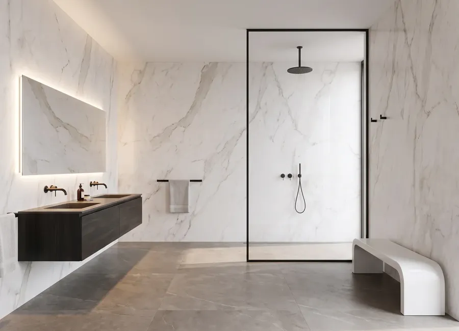 Contemporary bathroom: a black-framed walk-in shower and a long smoked oak vanity with two basins, walls in panels in the Marble C finish