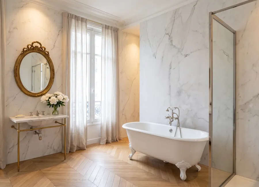 Bathroom in a Parisian flat: a claw-foot bath, a gold oval mirror and a marble basin on brass legs, walls in panels in the Marble C finish
