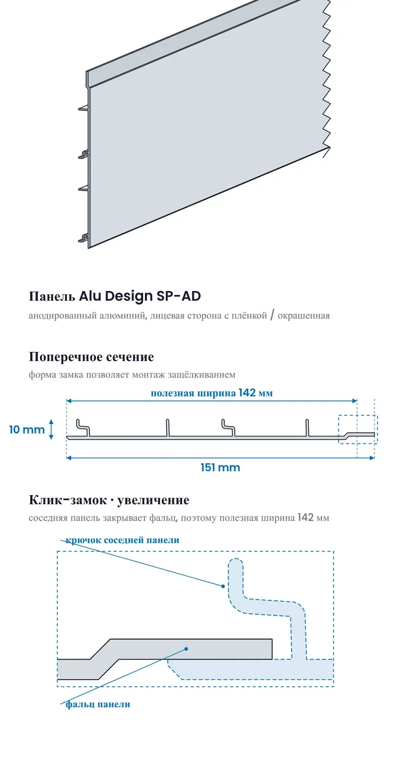 Панель Alu Design в виде под углом и в поперечном разрезе. Контур разреза взят из фирменной 3D-модели панели.