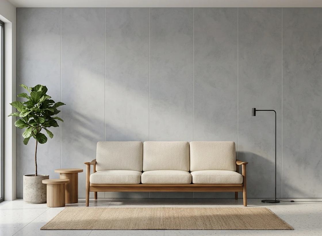 Salon ze ścianą z paneli STRAMA w dekorze Grey Concrete · pionowe panele 600 mm od podłogi do sufitu (wizualizacja)