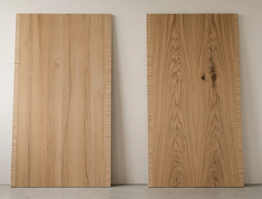 Zwei furnierte Platten mit unterschiedlicher Maserung