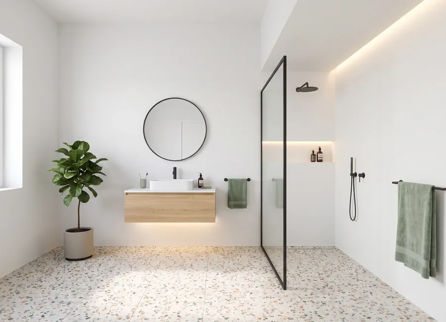 Modern bathroom with terrazzo: a light oak vanity, a round black mirror and a walk-in shower, walls in panels in the Snow White C finish
