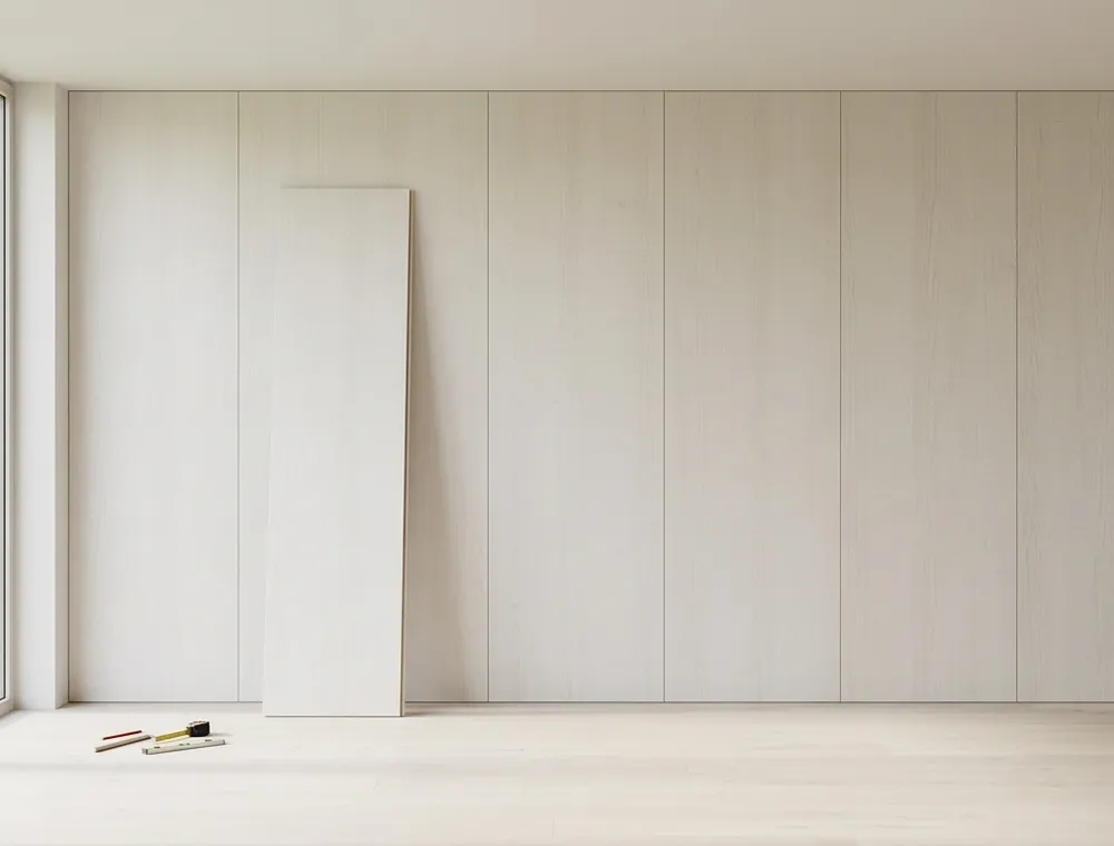 Ein heller Innenraum mit ultraleichten Paneelen und einem einzelnen, an die Wand gelehnten Paneel