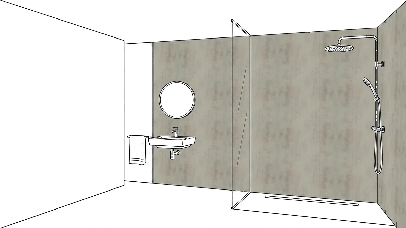 Bathroom with walk-in enclosure and wall in Bathroom Design panels in the Grey Concrete C finish
